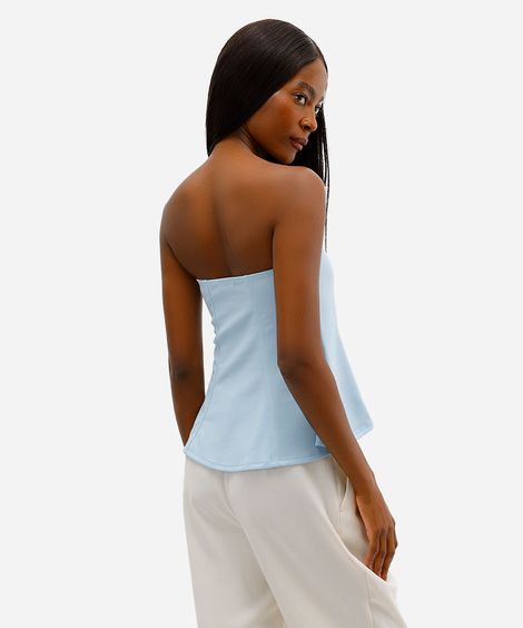 blusa peplum feminina sem alça texturizada azul