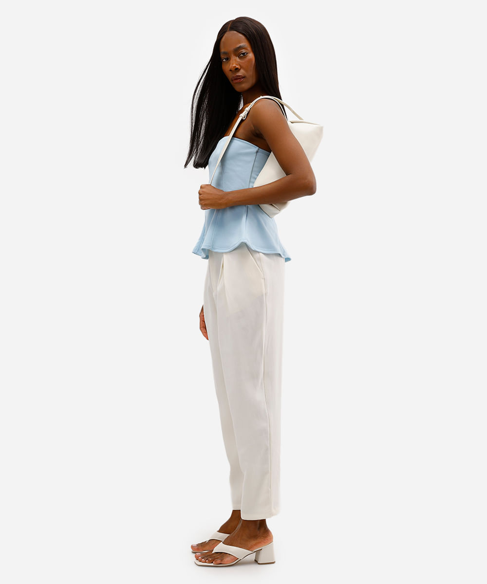 blusa peplum feminina sem alça texturizada azul