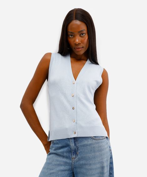 colete feminino de tricot com fendas azul