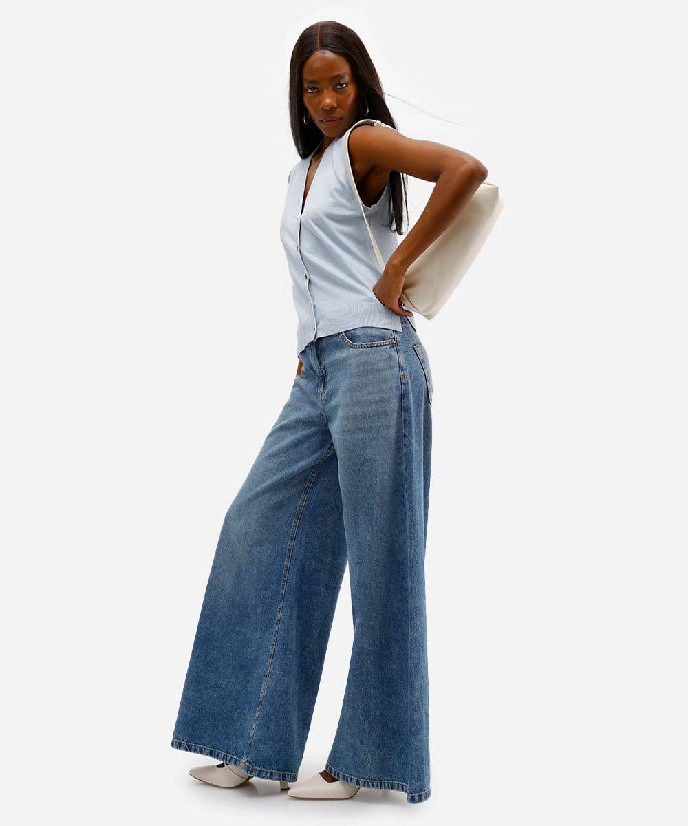 colete feminino de tricot com fendas azul