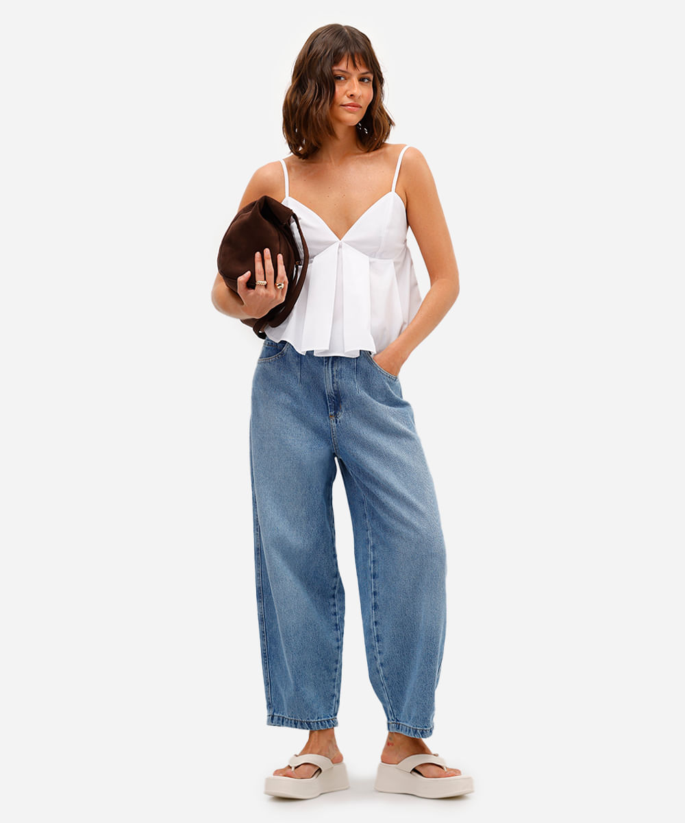 calça barrel feminina jeans cropped azul