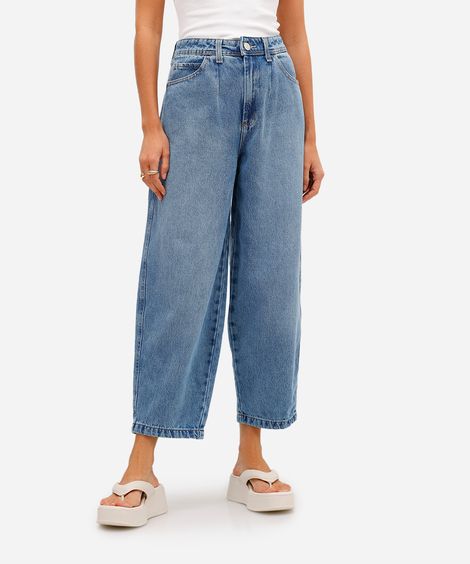 calça barrel feminina jeans cropped azul