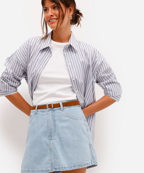 short saia feminino de sarja com cinto azul