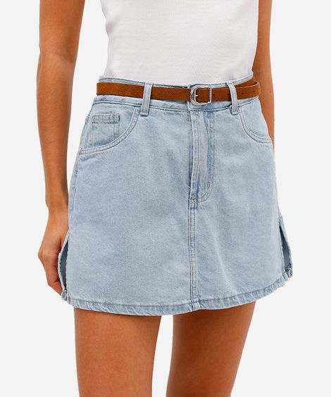 short saia feminino de sarja com cinto azul