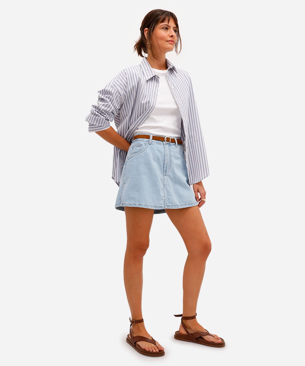 short saia feminino de sarja com cinto azul