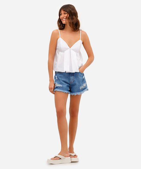 short feminino jeans destroyed azul