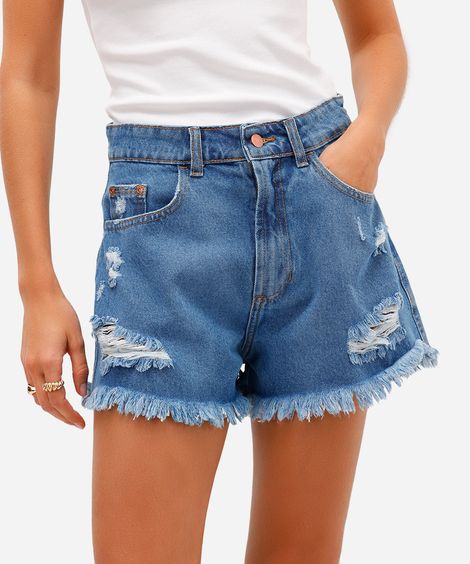 short feminino jeans destroyed azul