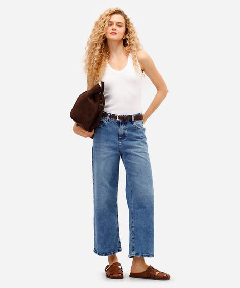 calça wide leg cropped feminina jeans com cinto - jeans medio