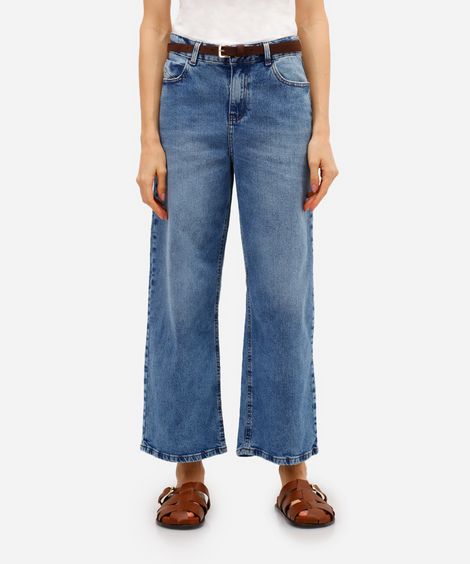 calça wide leg cropped feminina jeans com cinto - jeans medio