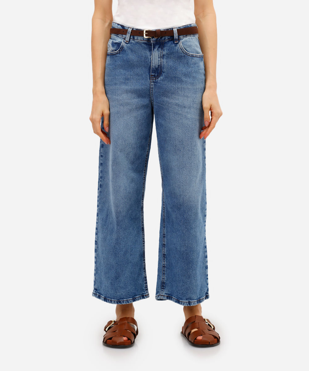calça wide leg cropped feminina jeans com cinto - jeans medio
