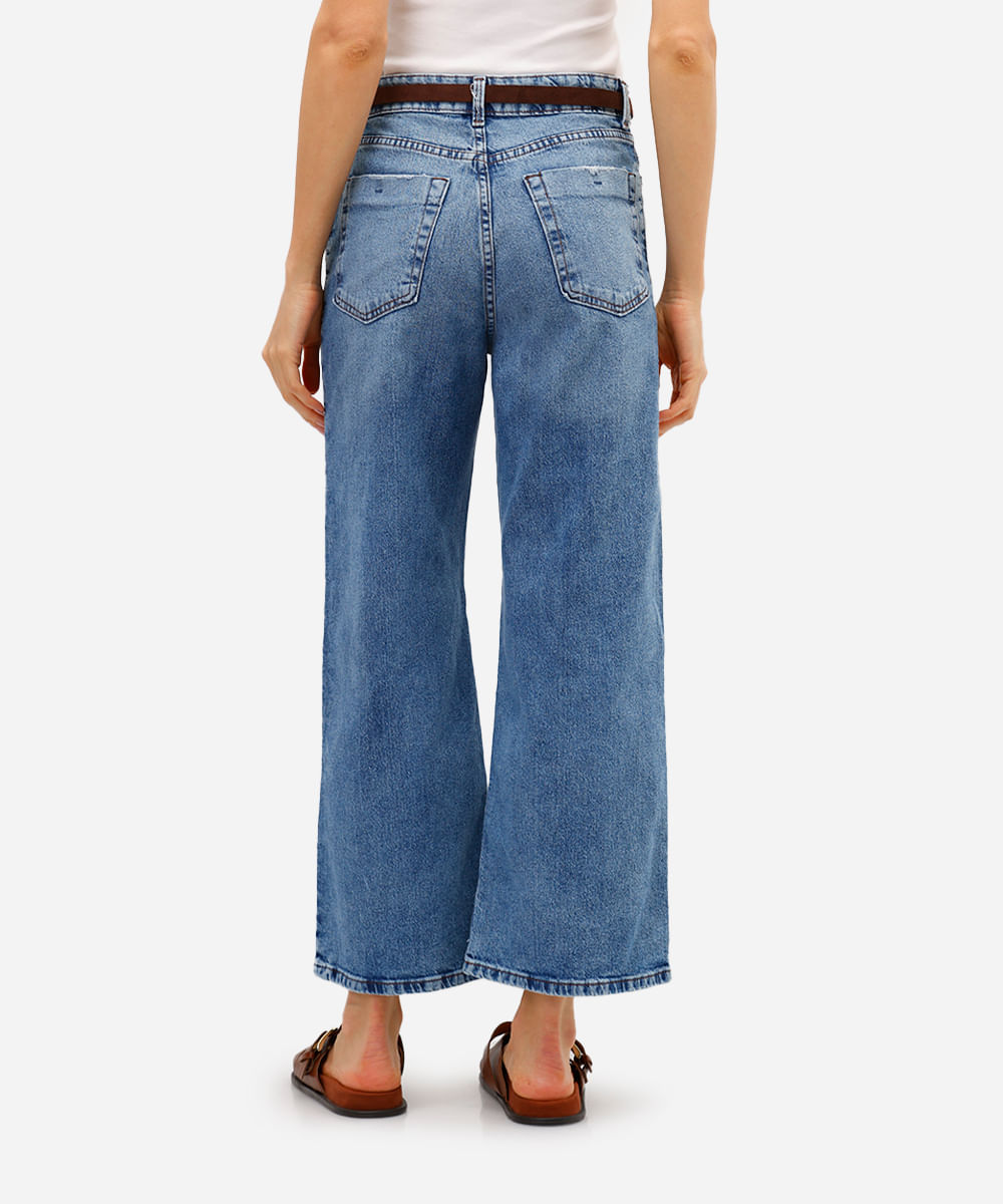 calça wide leg cropped feminina jeans com cinto - jeans medio
