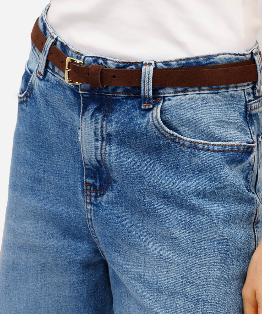 calça wide leg cropped feminina jeans com cinto - jeans medio