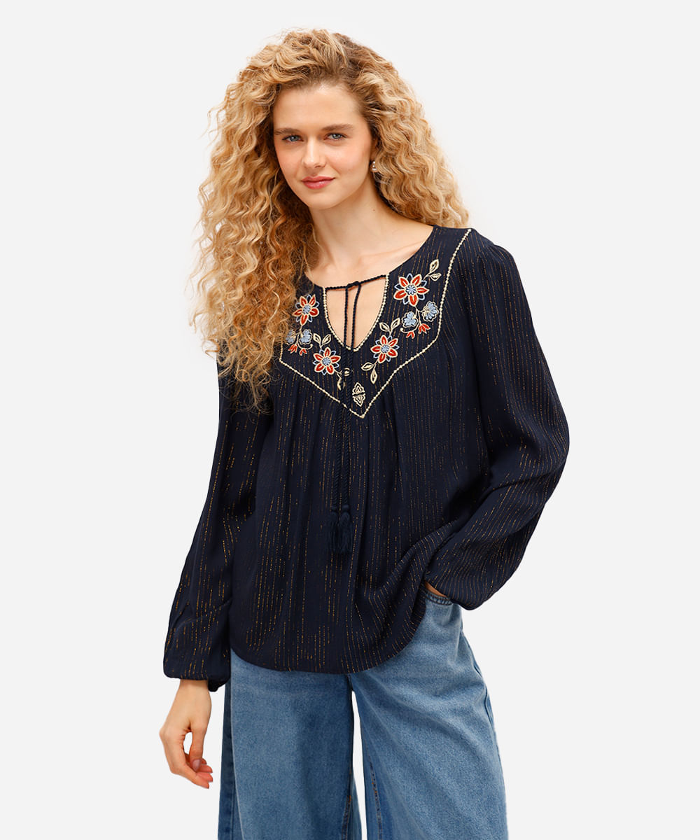 bata feminina de viscose manga bufante com lurex floral azul