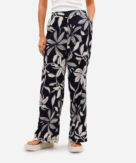 calça wide leg feminina texturizada floral azul