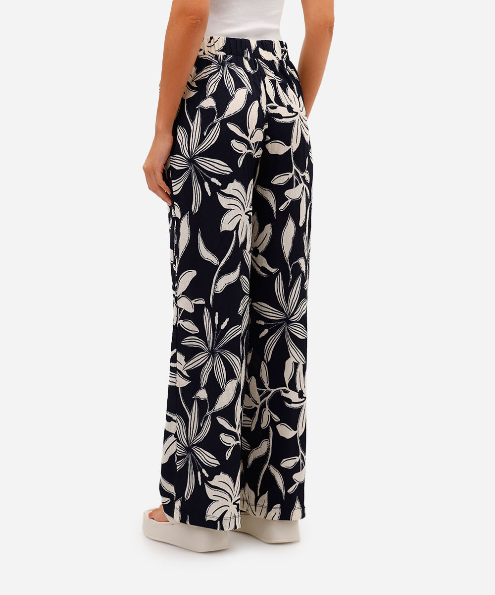 calça wide leg feminina texturizada floral azul