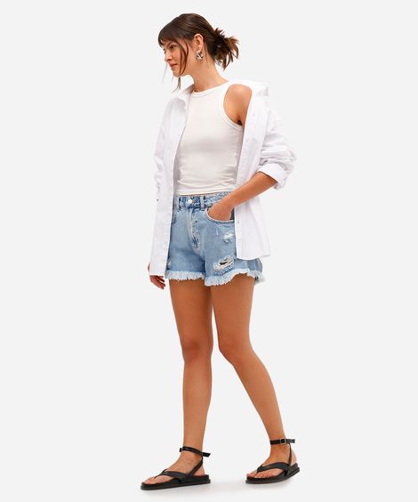 short feminino jeans destroyed azul