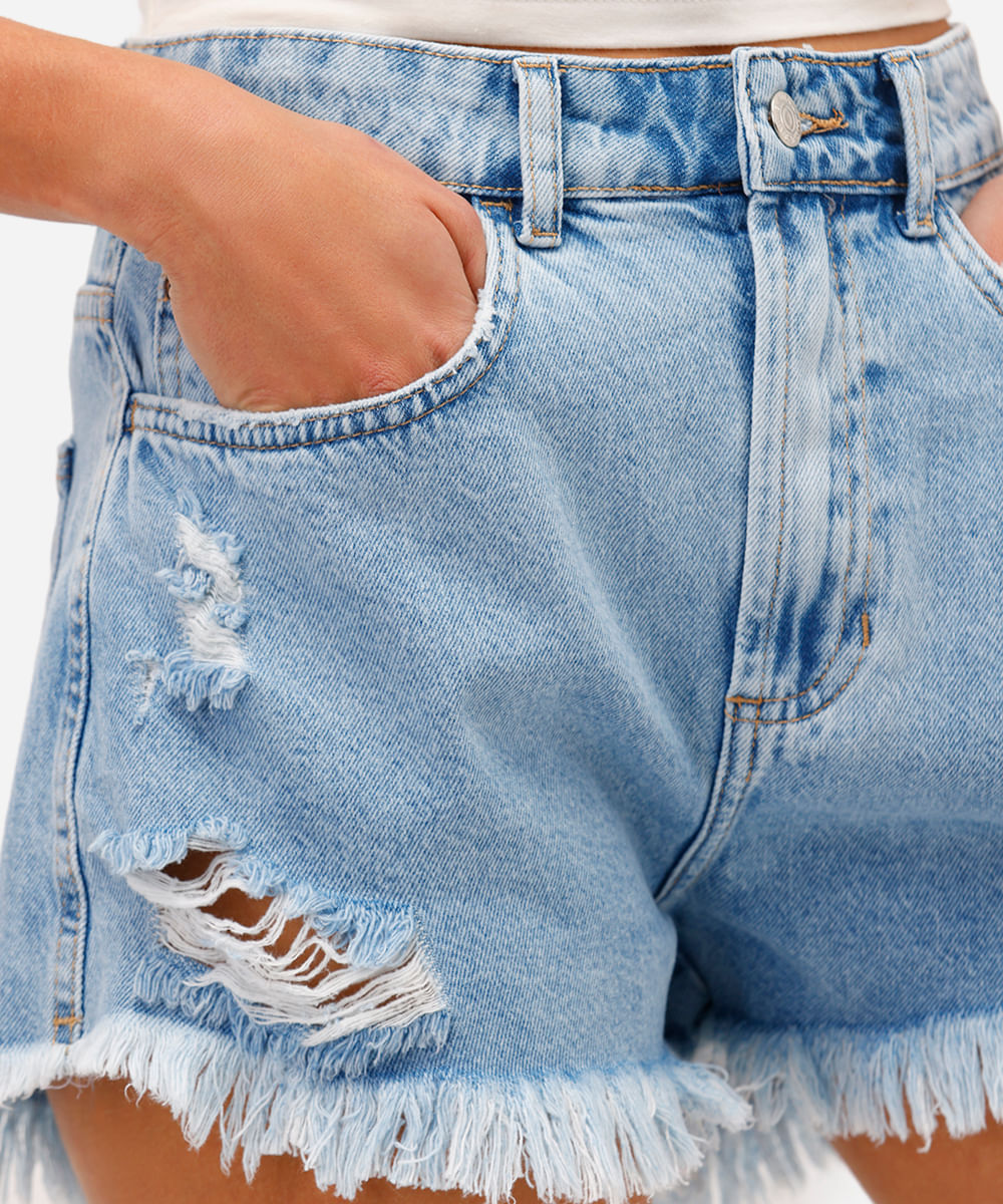 short feminino jeans destroyed azul