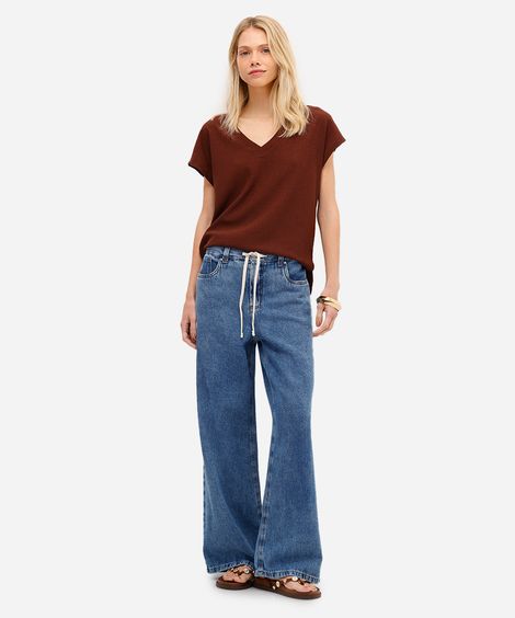 calça wide leg feminina jeans cós elástico com cordão azul