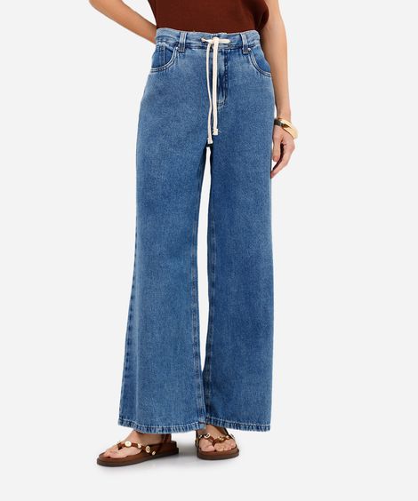 calça wide leg feminina jeans cós elástico com cordão azul