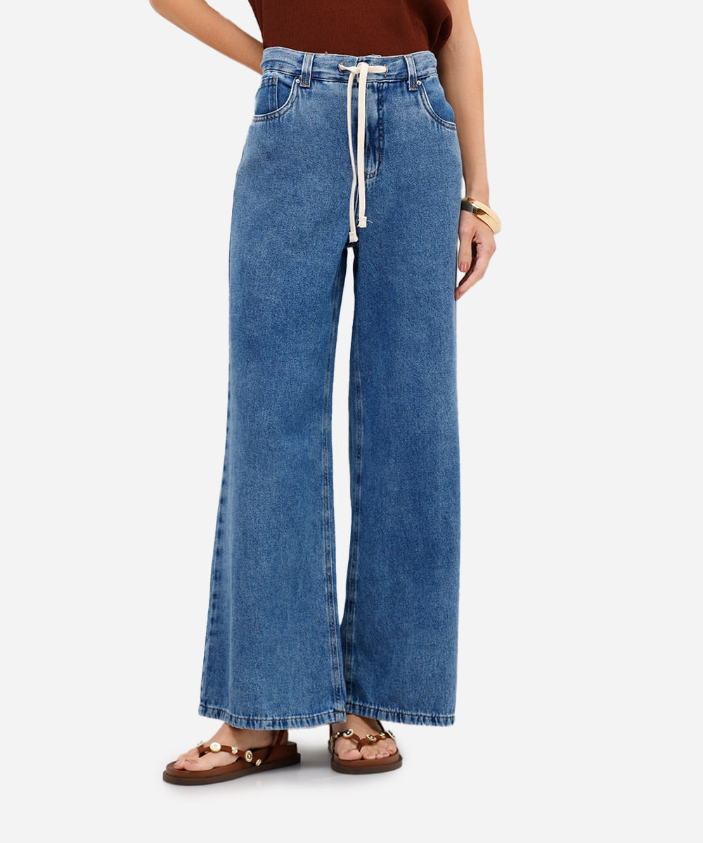 calça wide leg feminina jeans cós elástico com cordão azul
