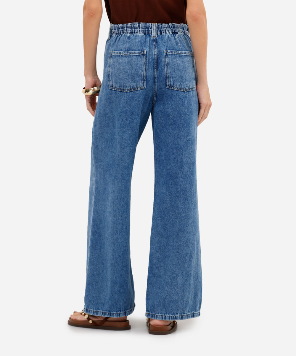 calça wide leg feminina jeans cós elástico com cordão azul