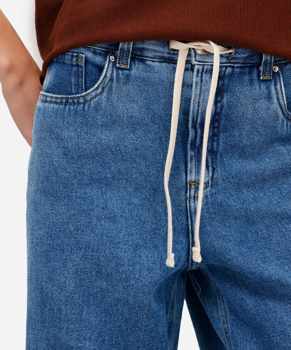 calça wide leg feminina jeans cós elástico com cordão azul