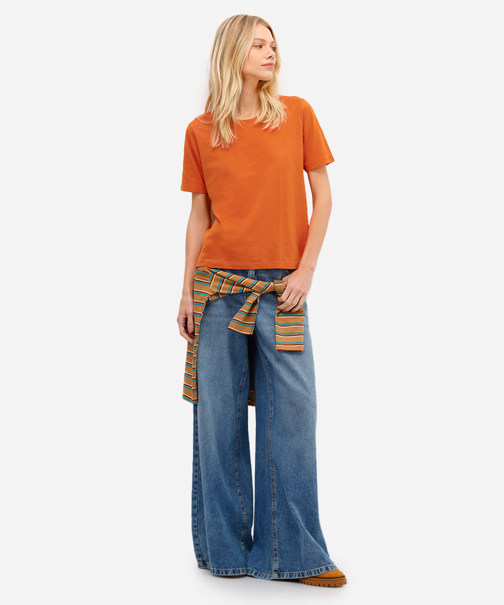 blusa básica feminina de algodão manga curta laranja