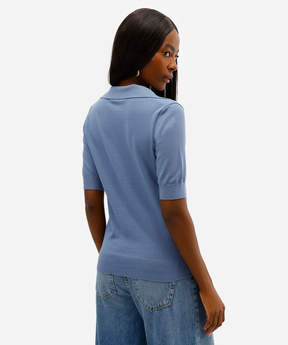 polo feminina de tricot decote v azul