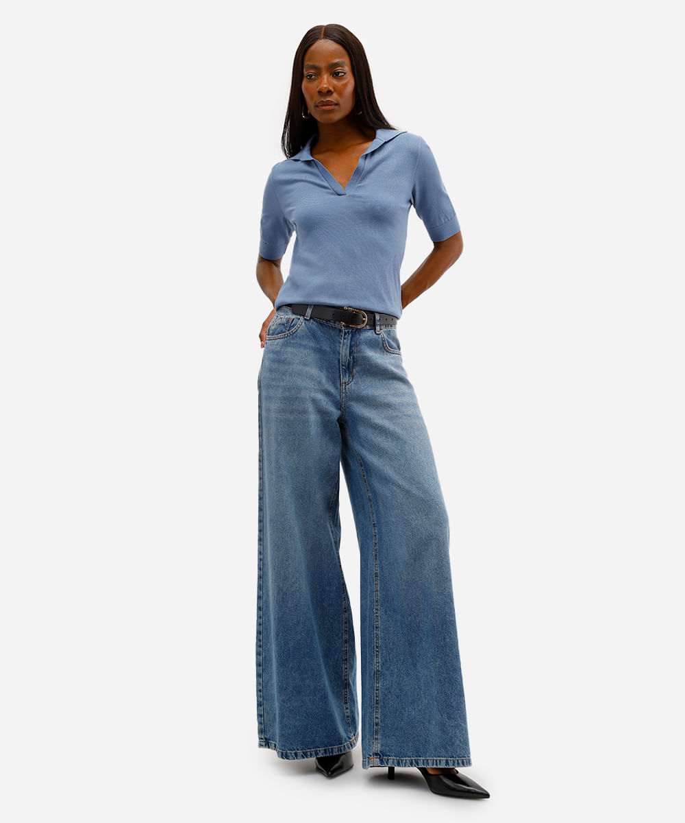 polo feminina de tricot decote v azul