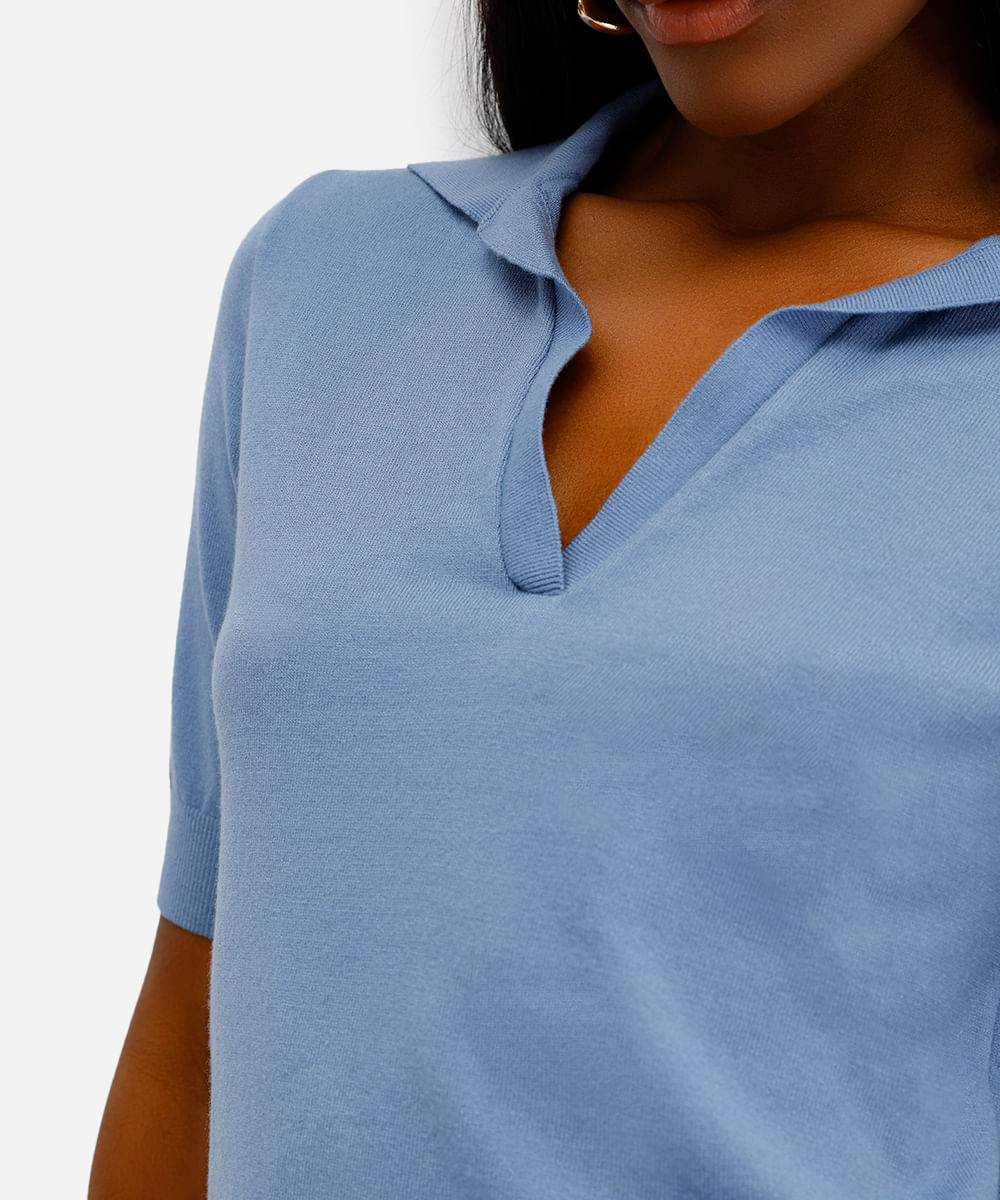 polo feminina de tricot decote v azul