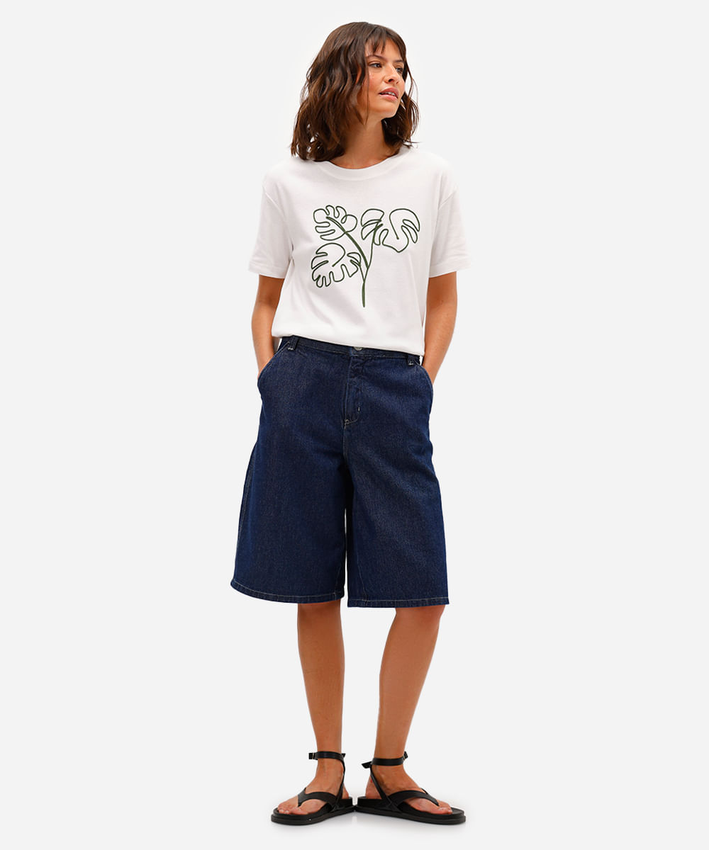 camiseta feminina de algodão bordada folhagem off white