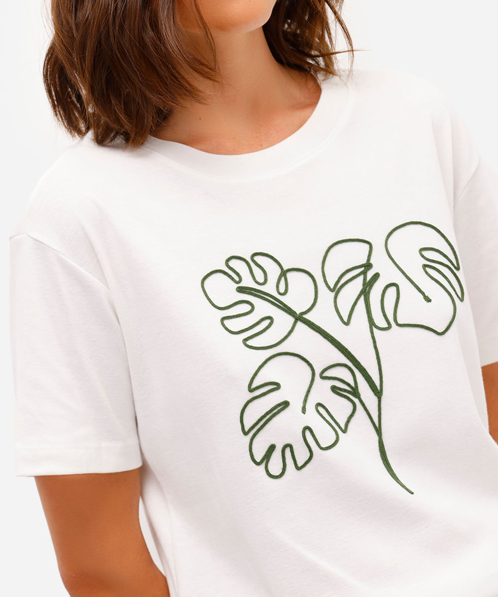 camiseta feminina de algodão bordada folhagem off white