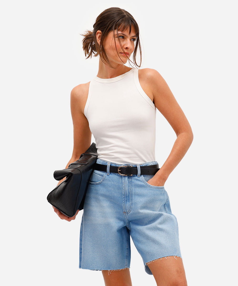 bermuda reta feminina jeans cintura alta azul