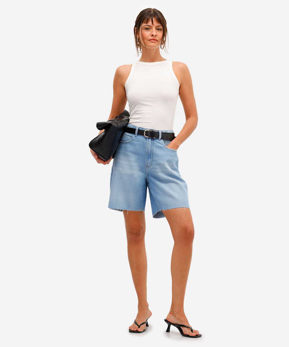 bermuda reta feminina jeans cintura alta azul