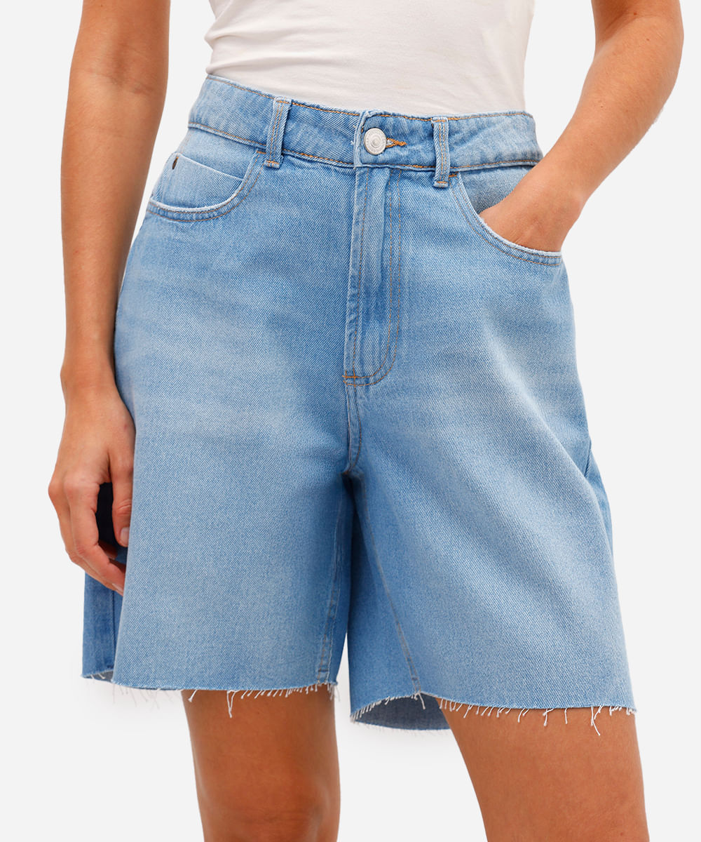 bermuda reta feminina jeans cintura alta azul