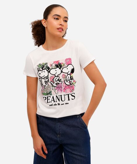 camiseta feminina de algodão snoopy texturizada off white