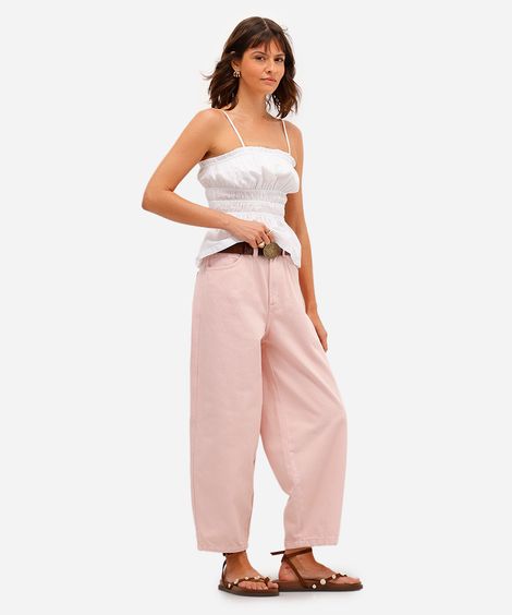 calça barrel feminina de sarja cropped rosa