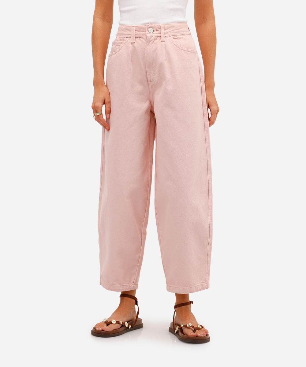 calça barrel feminina de sarja cropped rosa