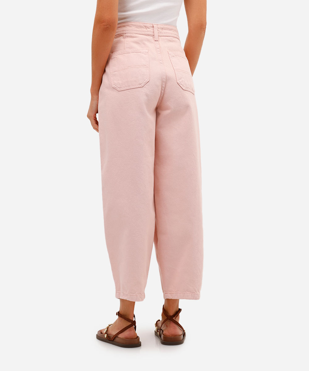 calça barrel feminina de sarja cropped rosa