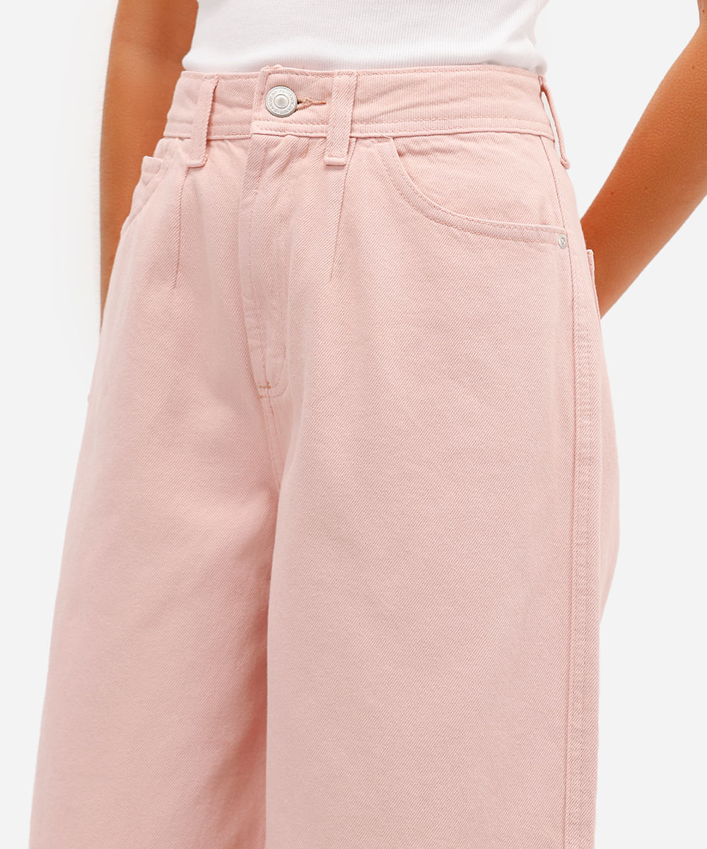 calça barrel feminina de sarja cropped rosa