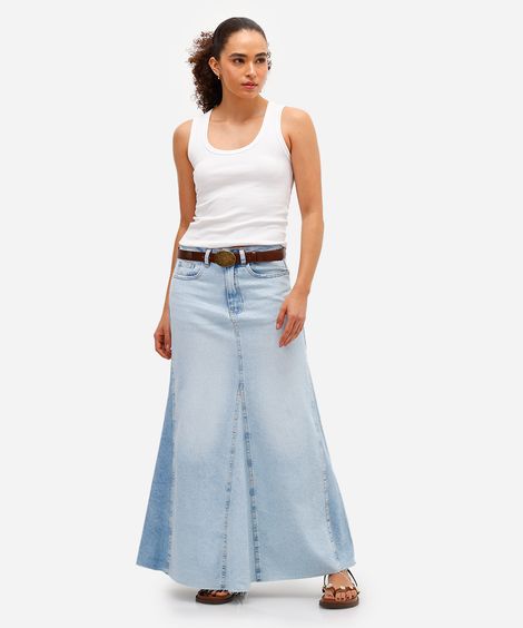 saia longa feminina jeans com recortes azul
