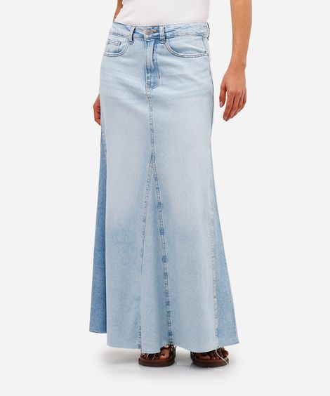 saia longa feminina jeans com recortes azul