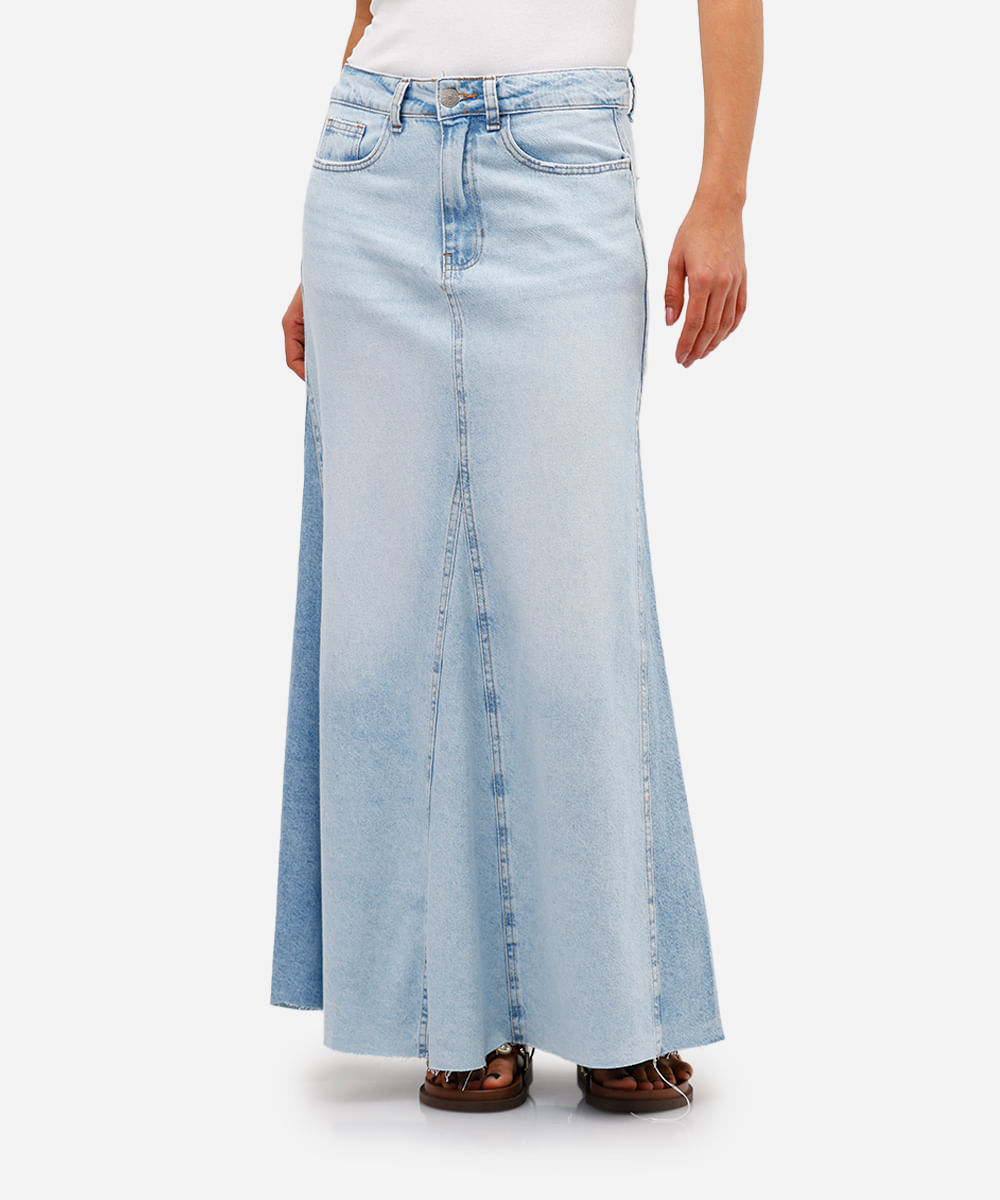 saia longa feminina jeans com recortes azul