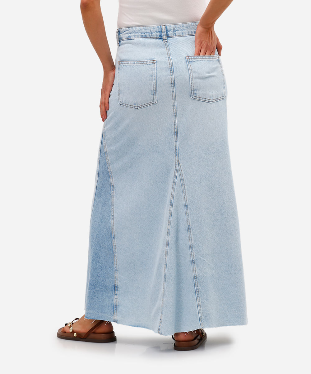 saia longa feminina jeans com recortes azul