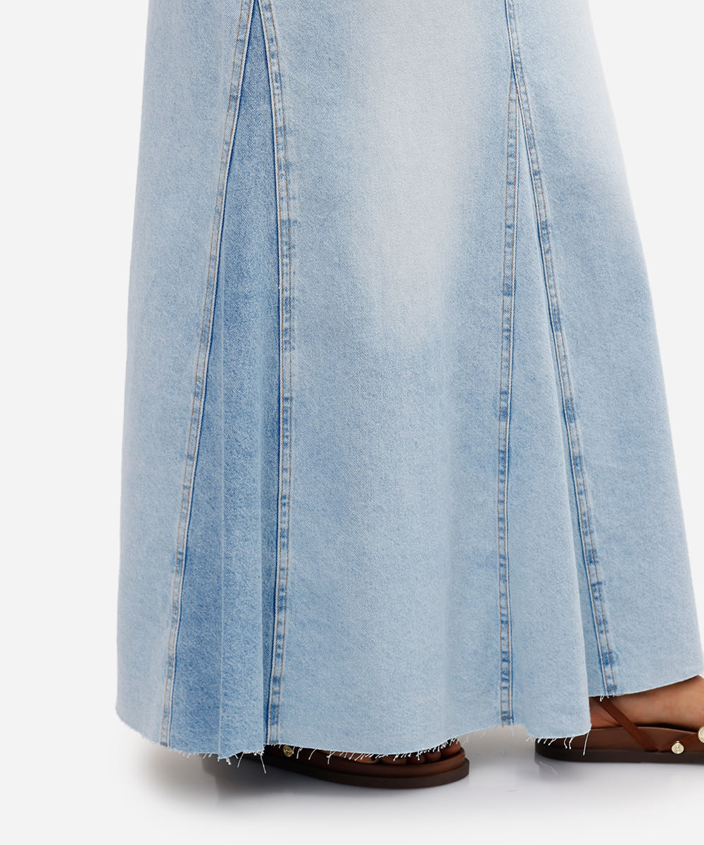 saia longa feminina jeans com recortes azul