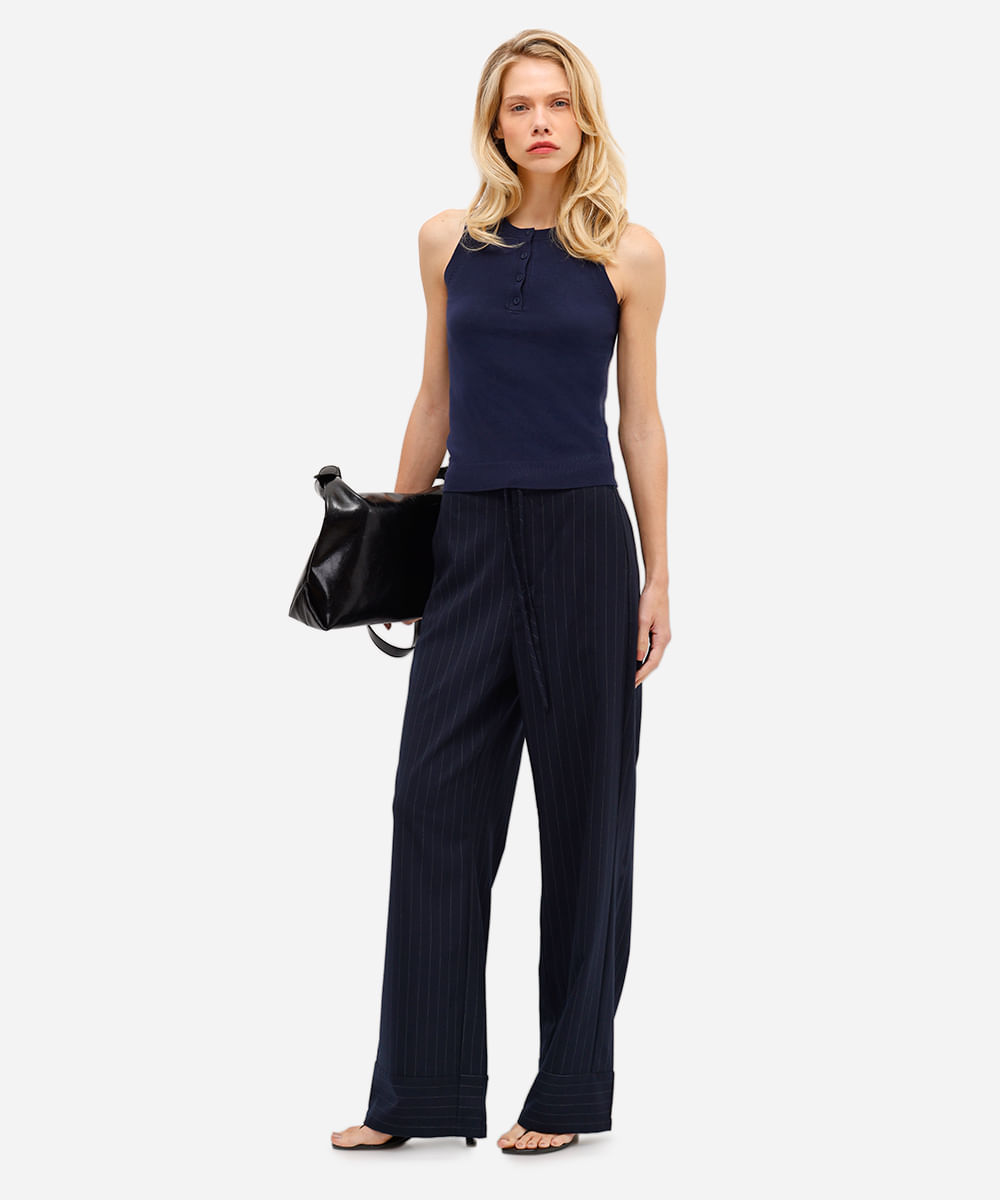 regata feminina de tricot com botões azul
