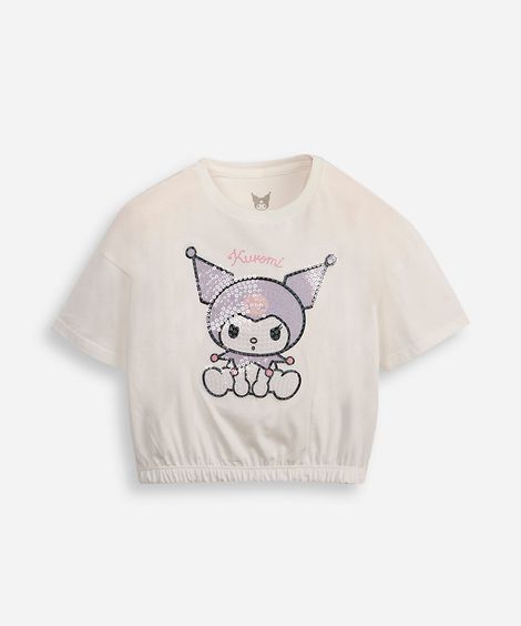 camiseta de algodão infantil manga curta kuromi com paetê off white