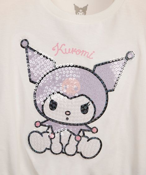 camiseta de algodão infantil manga curta kuromi com paetê off white