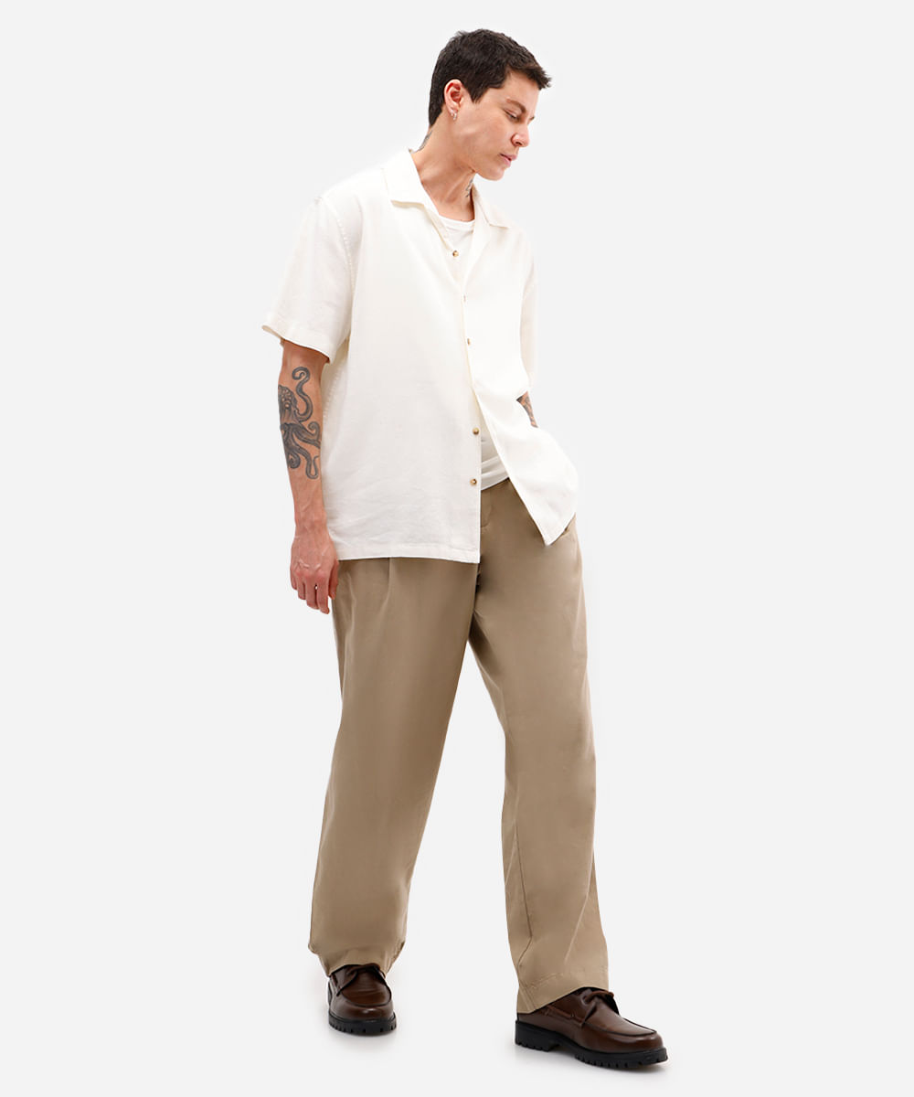 camisa masculina com linho manga curta off white