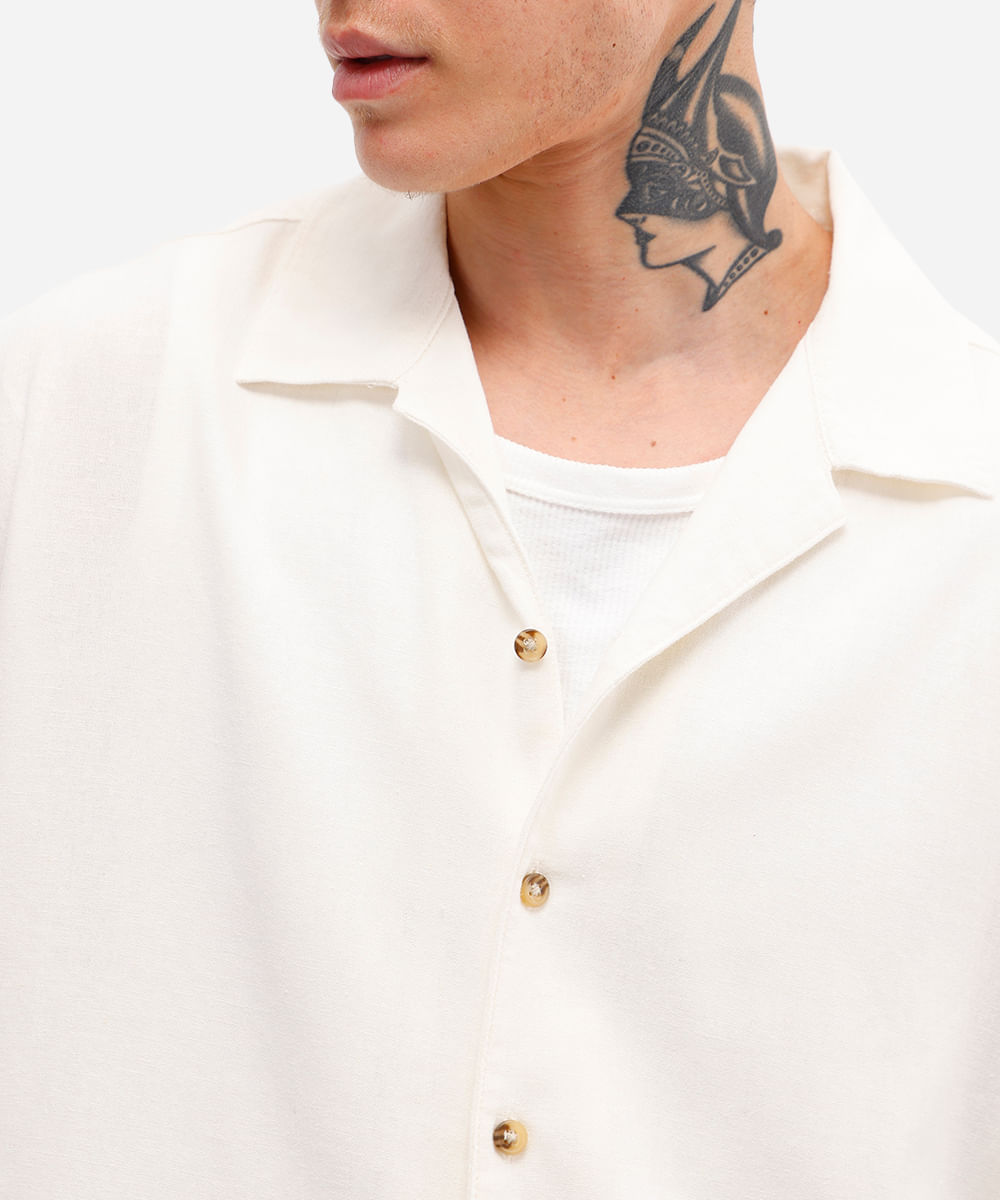 camisa masculina com linho manga curta off white